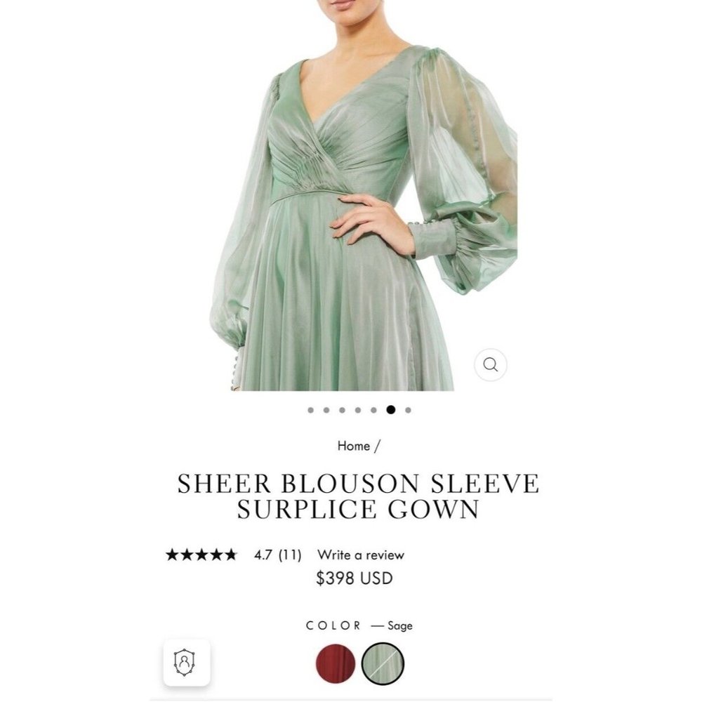 Mac Duggal Size 4 Sheer Blouson Sleeve Sage Green  Gown 67873 Dress Sold Out